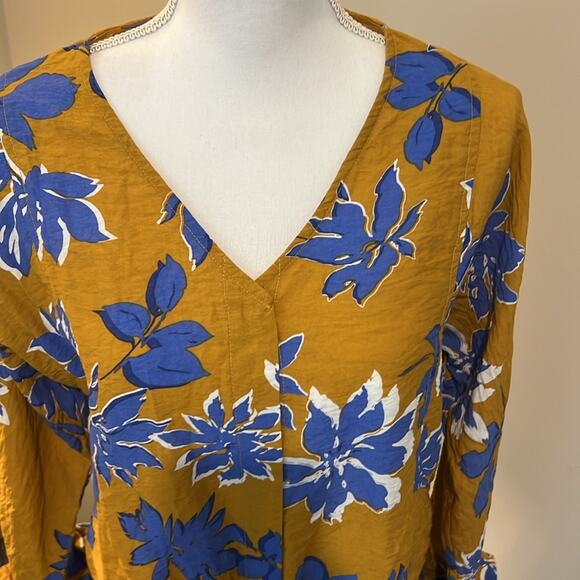FRNCH Paris Womens Vacay Blouse Size M/L Medium Large mustard blue floral boho - Picture 2 of 16